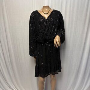 Lauren Conrad Black Sequin Dress Womens Size 3X V-Neck Long Sleeves Elegant NEW